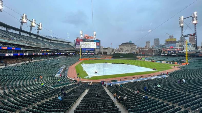 May 2, 2023; Detroit, Michigan, USA; A general view of Comerica Park during a rain delay before a game between the New York Mets and Detroit Tigers. Mandatory Credit: Rick Osentoski-USA TODAY Sports