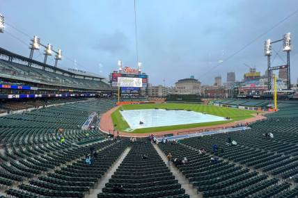 May 2, 2023; Detroit, Michigan, USA; A general view of Comerica Park during a rain delay before a game between the New York Mets and Detroit Tigers. Mandatory Credit: Rick Osentoski-USA TODAY Sports