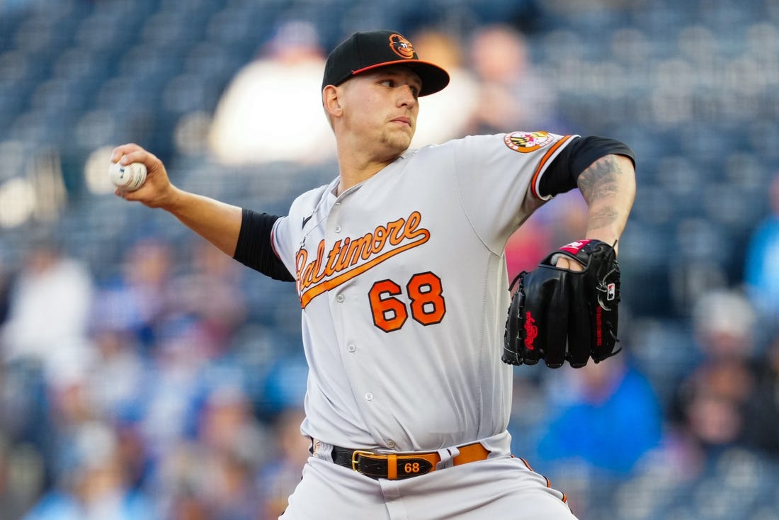 May 2, 2023; Kansas City, Missouri, USA; Baltimore Orioles starting pitcher Tyler Wells (68) pitches during the first inning against the Kansas City Royals at Kauffman Stadium. Mandatory Credit: Jay Biggerstaff-USA TODAY Sports