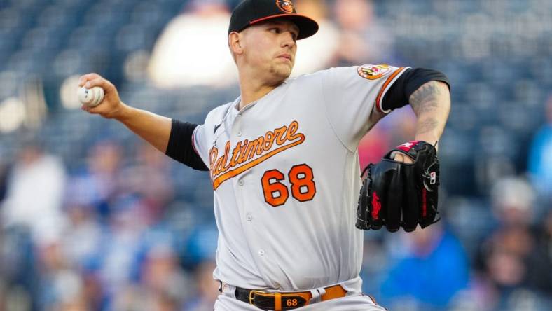 May 2, 2023; Kansas City, Missouri, USA; Baltimore Orioles starting pitcher Tyler Wells (68) pitches during the first inning against the Kansas City Royals at Kauffman Stadium. Mandatory Credit: Jay Biggerstaff-USA TODAY Sports