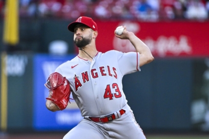 May 2, 2023; St. Louis, Missouri, USA;  Los Angeles Angels starting pitcher Patrick Sandoval (43) pitches against the St. Louis Cardinals during the first inning at Busch Stadium. Mandatory Credit: Jeff Curry-USA TODAY Sports