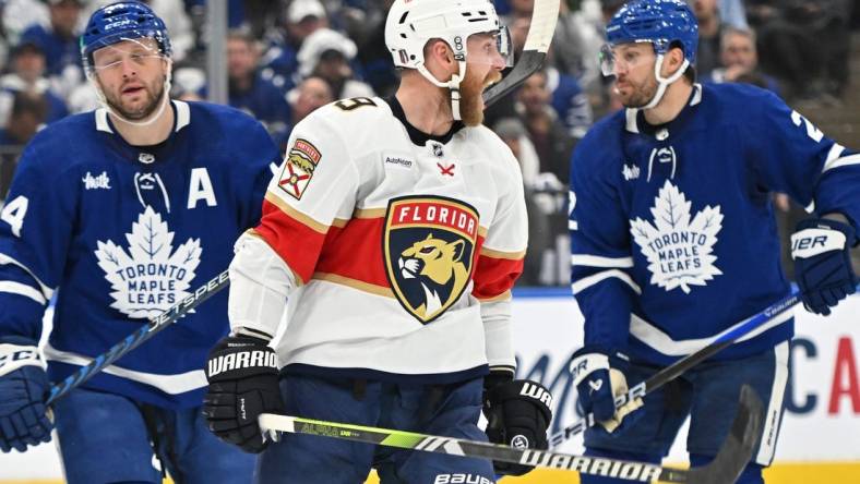 May 2, 2023; Toronto, Ontario, CANADA;   Florida Panthers forward Sam Bennett (9) reacts after scoring a goal against the Toronto Maple Leafs in the second period in game one of the second round of the 2023 Stanley Cup Playoffs at Scotiabank Arena. Mandatory Credit: Dan Hamilton-USA TODAY Sports