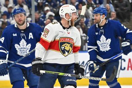 May 2, 2023; Toronto, Ontario, CANADA;   Florida Panthers forward Sam Bennett (9) reacts after scoring a goal against the Toronto Maple Leafs in the second period in game one of the second round of the 2023 Stanley Cup Playoffs at Scotiabank Arena. Mandatory Credit: Dan Hamilton-USA TODAY Sports
