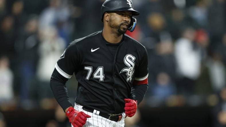 May 2, 2023; Chicago, Illinois, USA; Chicago White Sox designated hitter Eloy Jimenez (74) rounds the bases after hitting a two-run home run against the Minnesota Twins during the seventh inning at Guaranteed Rate Field. Mandatory Credit: Kamil Krzaczynski-USA TODAY Sports