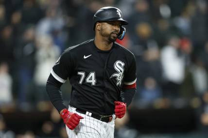 May 2, 2023; Chicago, Illinois, USA; Chicago White Sox designated hitter Eloy Jimenez (74) rounds the bases after hitting a two-run home run against the Minnesota Twins during the seventh inning at Guaranteed Rate Field. Mandatory Credit: Kamil Krzaczynski-USA TODAY Sports