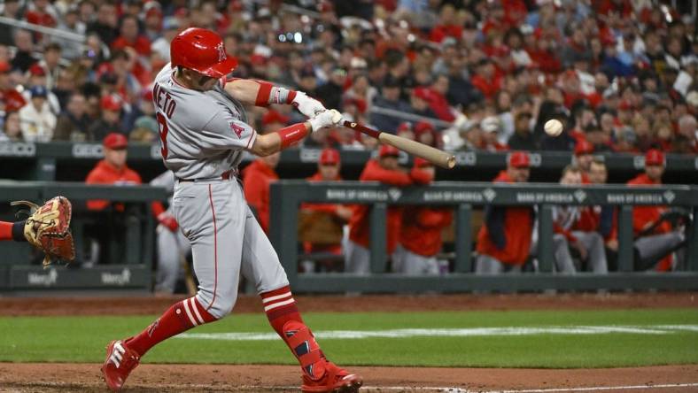 May 2, 2023; St. Louis, Missouri, USA;  Los Angeles Angels shortstop Zach Neto (9) hits a one run single against the St. Louis Cardinals during the sixth inning at Busch Stadium. Mandatory Credit: Jeff Curry-USA TODAY Sports