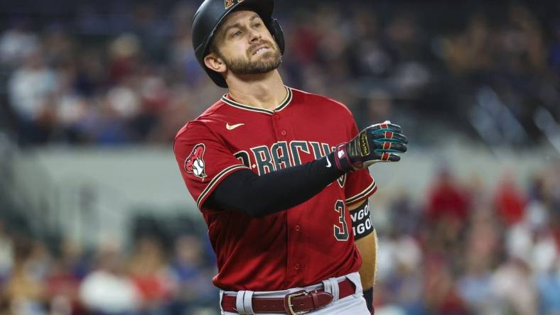 May 2, 2023; Arlington, Texas, USA; TArizona Diamondbacks third baseman Evan Longoria (3) reacts after flying out during the ninth inning against the Texas Rangers at Globe Life Field. Mandatory Credit: Kevin Jairaj-USA TODAY Sports