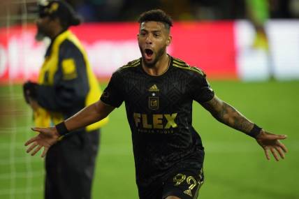 May 2, 2023; Los Angeles, CA, USA; LAFC forward Denis Bouanga (99) celebrates after scoring a goal against the Philadelphia Union in the second half at BMO Stadium. Mandatory Credit: Kirby Lee-USA TODAY Sports