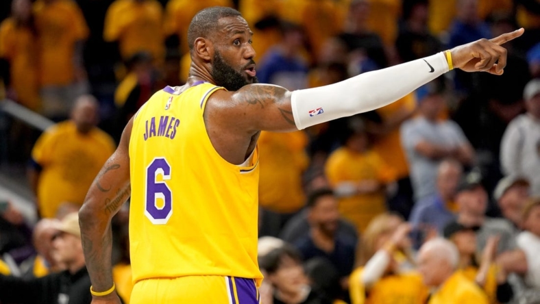 May 2, 2023; San Francisco, California, USA; Los Angeles Lakers forward LeBron James (6) directs teammates before an inbounds pass against the Golden State Warriors in the fourth quarter during game one of the 2023 NBA playoffs at the Chase Center. Mandatory Credit: Cary Edmondson-USA TODAY Sports