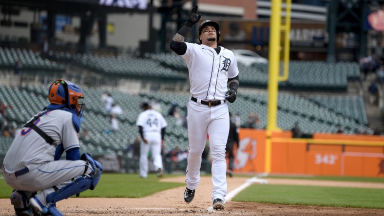 May 3, 2023; Detroit, Michigan, USA; Detroit Tigers shortstop Javier Baez (28) celebrates after hitting a home run against the New York in the third inning at Comerica Park. Mandatory Credit: Lon Horwedel-USA TODAY Sports