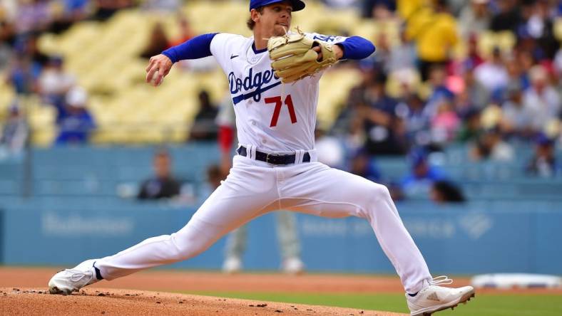 May 3, 2023; Los Angeles, California, USA; Los Angeles Dodgers starting pitcher Gavin Stone (71) throws against the Philadelphia Phillies during the first inning at Dodger Stadium. Mandatory Credit: Gary A. Vasquez-USA TODAY Sports