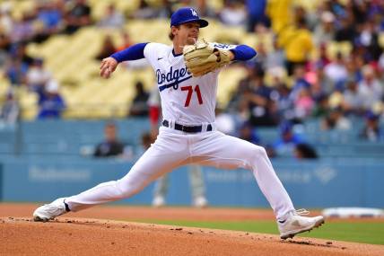 May 3, 2023; Los Angeles, California, USA; Los Angeles Dodgers starting pitcher Gavin Stone (71) throws against the Philadelphia Phillies during the first inning at Dodger Stadium. Mandatory Credit: Gary A. Vasquez-USA TODAY Sports