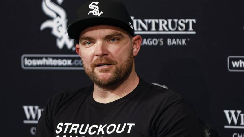 May 3, 2023; Chicago, Illinois, USA; Chicago White Sox pitcher Liam Hendriks talks about his recovery process from stage 4 non-Hodgkin lymphoma before a baseball game between the White Sox and Minnesota Twins at Guaranteed Rate Field. Mandatory Credit: Kamil Krzaczynski-USA TODAY Sports