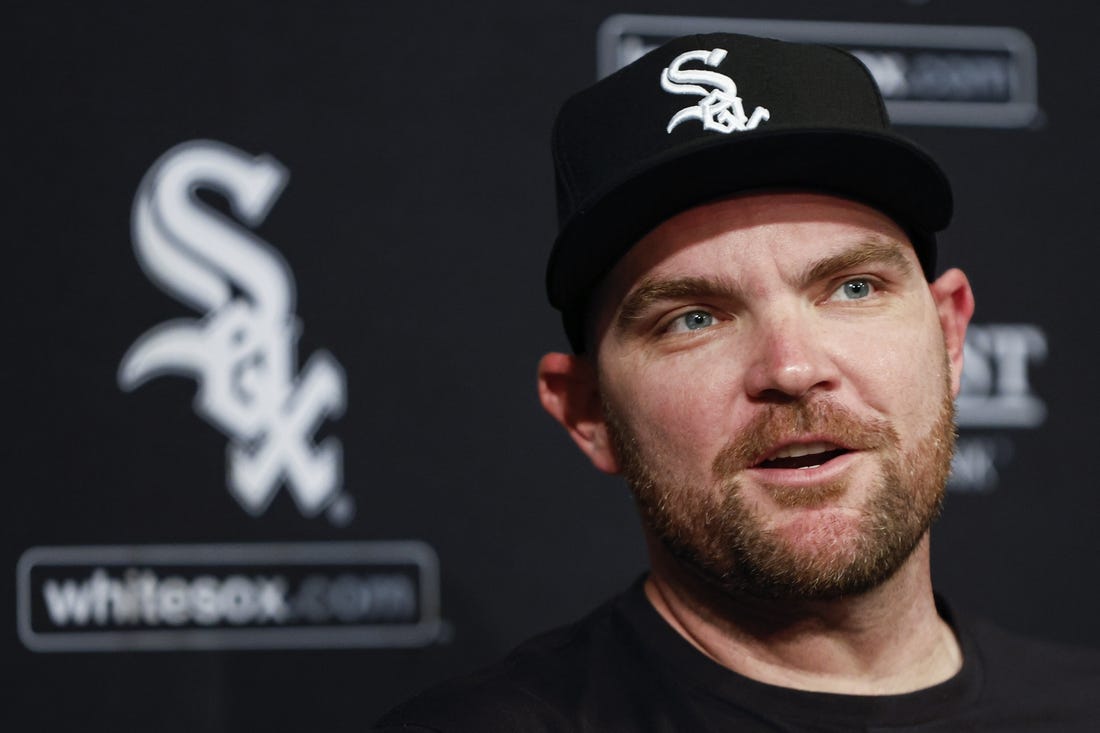 May 3, 2023; Chicago, Illinois, USA; Chicago White Sox pitcher Liam Hendriks talks about his recovery process from stage 4 non-Hodgkin lymphoma before a baseball game between the White Sox and Minnesota Twins at Guaranteed Rate Field. Mandatory Credit: Kamil Krzaczynski-USA TODAY Sports