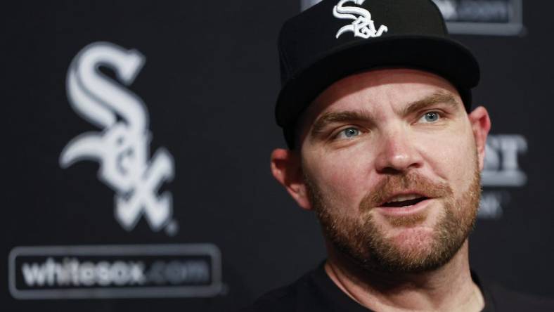 May 3, 2023; Chicago, Illinois, USA; Chicago White Sox pitcher Liam Hendriks talks about his recovery process from stage 4 non-Hodgkin lymphoma before a baseball game between the White Sox and Minnesota Twins at Guaranteed Rate Field. Mandatory Credit: Kamil Krzaczynski-USA TODAY Sports