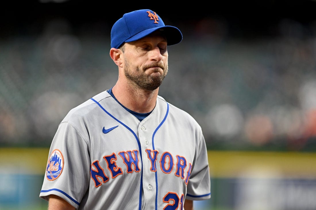 May 3, 2023; Detroit, Michigan, USA; New York Mets starting pitcher Max Scherzer (21) walks off the field after giving up six runs in 3 1/3 innings against the Detroit Tigers  at Comerica Park. It was Scherzer's first game back after serving a ten game suspension. Credit: Lon Horwedel-USA TODAY Sports