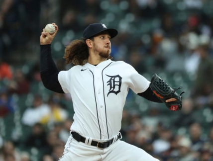 Detroit Tigers starter Michael Lorenzen (21) pitches against the New York Mets during third-inning action in Game 2 of a doubleheader at Comerica Park in Detroit on Wednesday, May 3, 2023.

Tigersmets2 050323 Kd760