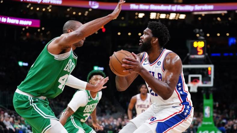 May 3, 2023; Boston, Massachusetts, USA; Philadelphia 76ers center Joel Embiid (21) looks to shoot against Boston Celtics center Al Horford (42) in the first quarter during game two of the 2023 NBA playoffs at TD Garden. Mandatory Credit: David Butler II-USA TODAY Sports