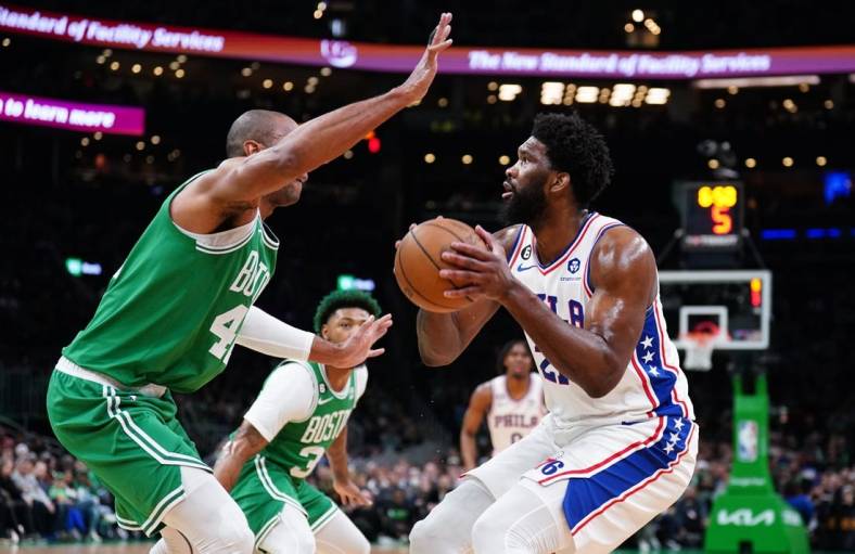 May 3, 2023; Boston, Massachusetts, USA; Philadelphia 76ers center Joel Embiid (21) looks to shoot against Boston Celtics center Al Horford (42) in the first quarter during game two of the 2023 NBA playoffs at TD Garden. Mandatory Credit: David Butler II-USA TODAY Sports