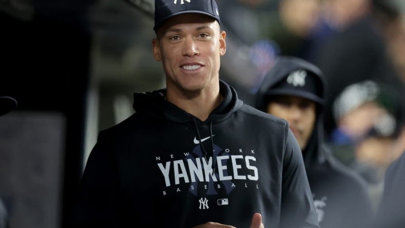May 3, 2023; Bronx, New York, USA; New York Yankees injured outfielder Aaron Judge (99) in the dugout during the seventh inning against the Cleveland Guardians at Yankee Stadium. Mandatory Credit: Brad Penner-USA TODAY Sports
