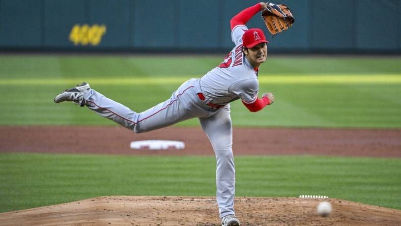 May 3, 2023; St. Louis, Missouri, USA;  Los Angeles Angels starting pitcher Shohei Ohtani (17) pitches against the St. Louis Cardinals during the second inning at Busch Stadium. Mandatory Credit: Jeff Curry-USA TODAY Sports
