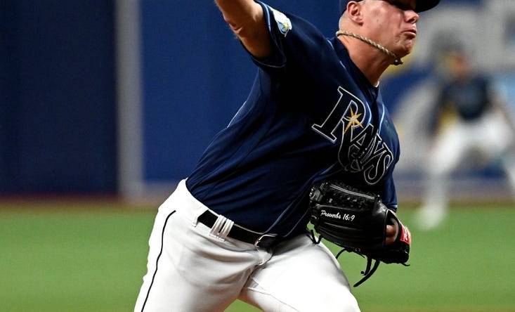 May 3, 2023; St. Petersburg, Florida, USA; Tampa Bay Rays pitcher Chase Anderson (48) throws a pitch in the seventh inning against the Pittsburgh Pirates at Tropicana Field. Mandatory Credit: Jonathan Dyer-USA TODAY Sports