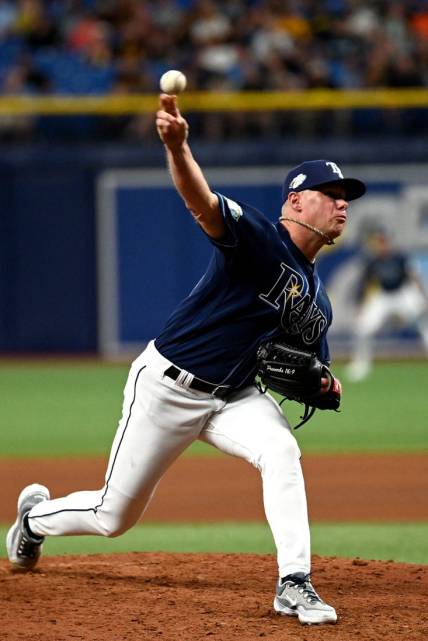 May 3, 2023; St. Petersburg, Florida, USA; Tampa Bay Rays pitcher Chase Anderson (48) throws a pitch in the seventh inning against the Pittsburgh Pirates at Tropicana Field. Mandatory Credit: Jonathan Dyer-USA TODAY Sports
