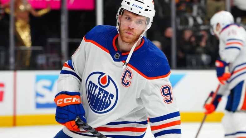 May 3, 2023; Las Vegas, Nevada, USA; Edmonton Oilers center Connor McDavid (97) warms up before the start of game one of the second round of the 2023 Stanley Cup Playoffs against the Vegas Golden Knights at T-Mobile Arena. Mandatory Credit: Stephen R. Sylvanie-USA TODAY Sports