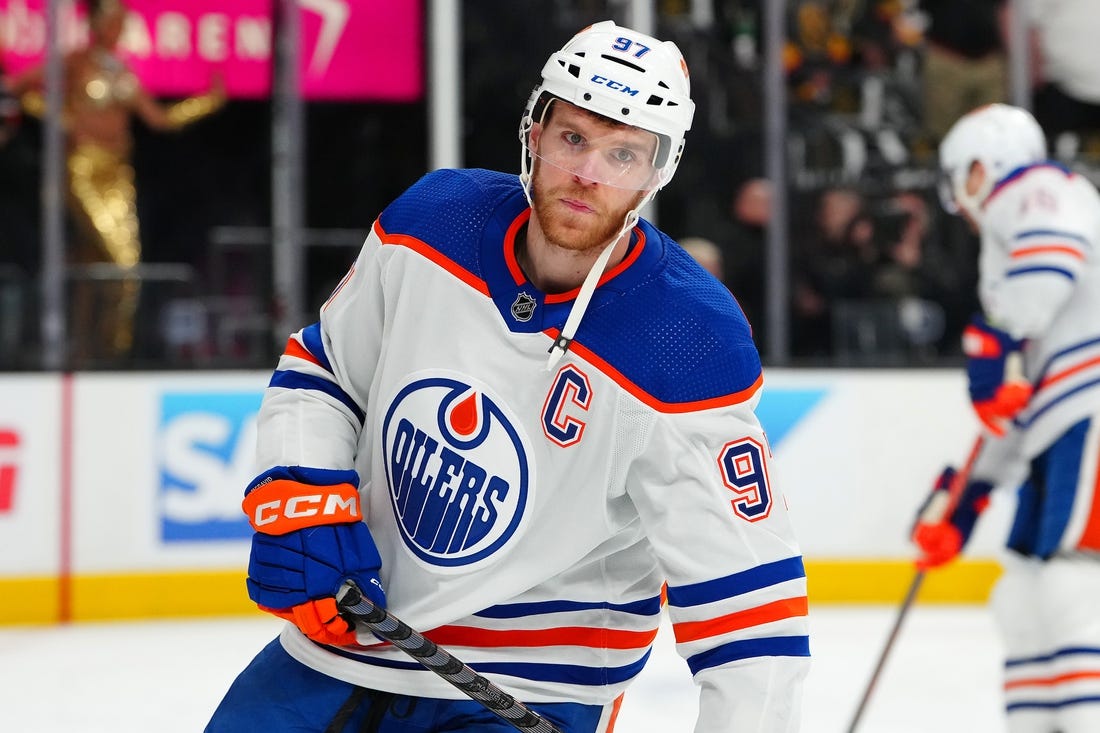 May 3, 2023; Las Vegas, Nevada, USA; Edmonton Oilers center Connor McDavid (97) warms up before the start of game one of the second round of the 2023 Stanley Cup Playoffs against the Vegas Golden Knights at T-Mobile Arena. Mandatory Credit: Stephen R. Sylvanie-USA TODAY Sports