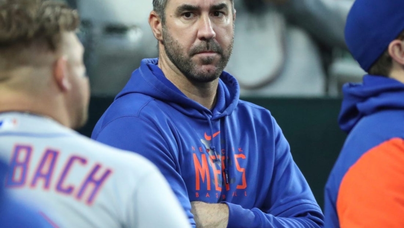 Mets pitcher Justin Verlander looks on in the dugout during the Tigers' 8-1 win over the Mets in Game 2 of the doubleheader on Wednesday, May 3, 2023, at Comerica Park.

Tigersmets2 050323 Kd2303