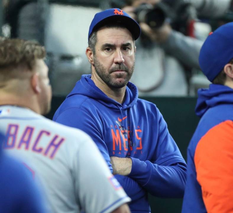Mets pitcher Justin Verlander looks on in the dugout during the Tigers' 8-1 win over the Mets in Game 2 of the doubleheader on Wednesday, May 3, 2023, at Comerica Park.

Tigersmets2 050323 Kd2303