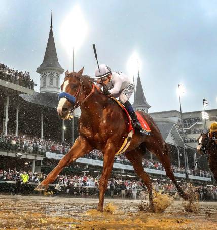 Finish line lights illuminate Justify, and jockey Mike Smith as they cross the finish line at Churchill Downs in a driving rain to win the 144th running of the Kentucky Derby and the first leg of the Triple Crown.May 5, 2018

Clevengereclipseentry1