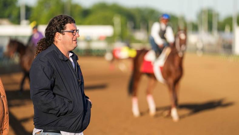 May 4, 2023; Louisville, KY, USA; Trainer Saffie Joseph at Churchill Downs on Thursday May 4, 2023, in Louisville, Ky. Joseph has Lord Miles in Saturday's Kentucky Derby. Two of Joseph's horses, Parents Pride and Chasing Artie, have died since Churchill Downs' opening night of Kentucky Derby Week. Mandatory Credit: Matt Stone-USA TODAY Sports