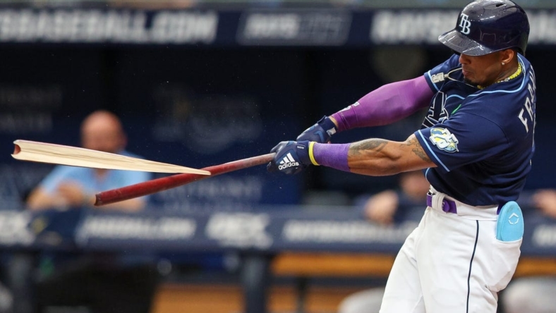 May 4, 2023; St. Petersburg, Florida, USA;  Tampa Bay Rays shortstop Wander Franco (5) breaks his bat against the Pittsburgh Pirates in the first inning at Tropicana Field. Mandatory Credit: Nathan Ray Seebeck-USA TODAY Sports