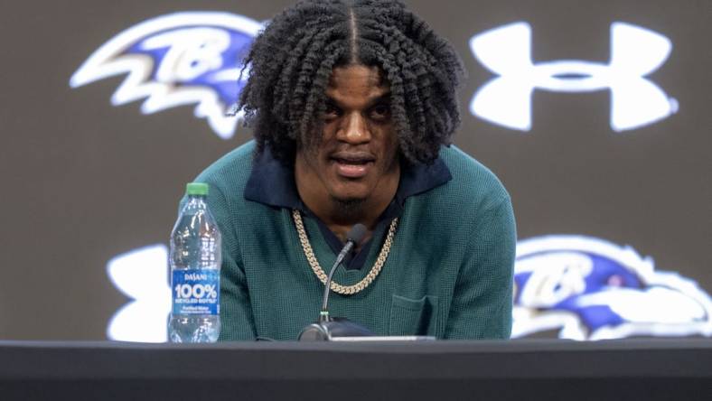 May 4, 2023; Owings Mills, MD, USA; Baltimore Ravens quarterback Lamar Jackson speaks during a press conference at Under Armour Performance Center. Mandatory Credit: Brent Skeen-USA TODAY Sports