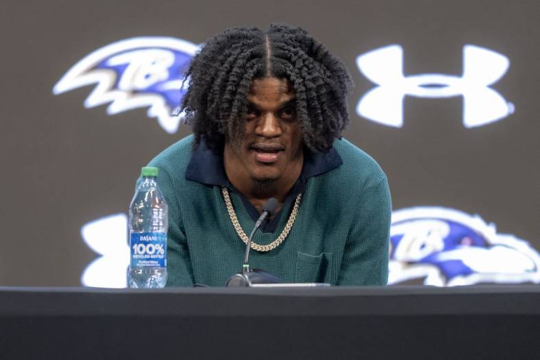 May 4, 2023; Owings Mills, MD, USA; Baltimore Ravens quarterback Lamar Jackson speaks during a press conference at Under Armour Performance Center. Mandatory Credit: Brent Skeen-USA TODAY Sports