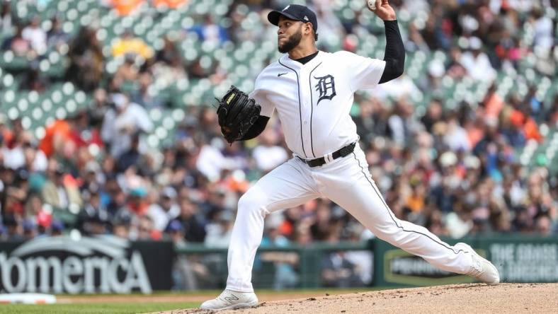 Tigers pitcher Eduardo Rodriguez delivers a pitch against the Mets during the third inning at Comerica Park on Thursday, May 4, 2023.