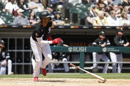 May 4, 2023; Chicago, Illinois, USA; Chicago White Sox designated hitter Eloy Jimenez (74) watches his two-run home run against the Minnesota Twins during the third inning at Guaranteed Rate Field. Mandatory Credit: Kamil Krzaczynski-USA TODAY Sports