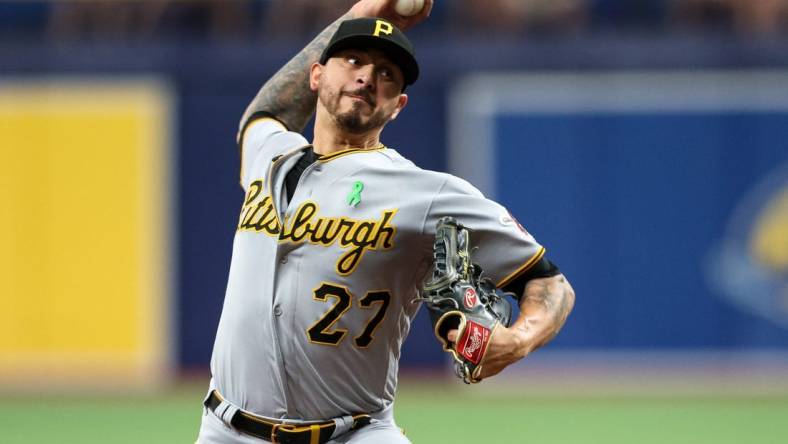 May 4, 2023; St. Petersburg, Florida, USA;  Pittsburgh Pirates starting pitcher Vince Velasquez (27) throws a pitch  against the Tampa Bay Rays in the second inning at Tropicana Field. Mandatory Credit: Nathan Ray Seebeck-USA TODAY Sports