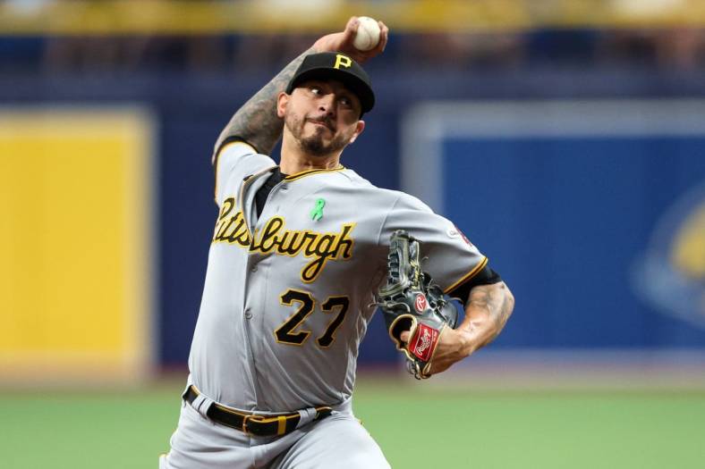 May 4, 2023; St. Petersburg, Florida, USA;  Pittsburgh Pirates starting pitcher Vince Velasquez (27) throws a pitch  against the Tampa Bay Rays in the second inning at Tropicana Field. Mandatory Credit: Nathan Ray Seebeck-USA TODAY Sports