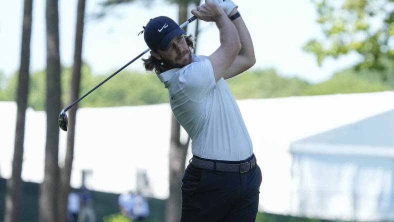 May 4, 2023; Charlotte, North Carolina, USA; Tommy Fleetwood hits his second shot on ten during the first round of the Wells Fargo Championship golf tournament. Mandatory Credit: Jim Dedmon-USA TODAY Sports