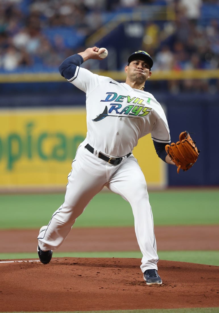 Tampa Bay Rays' Randy Arozarena poses at first base after hitting