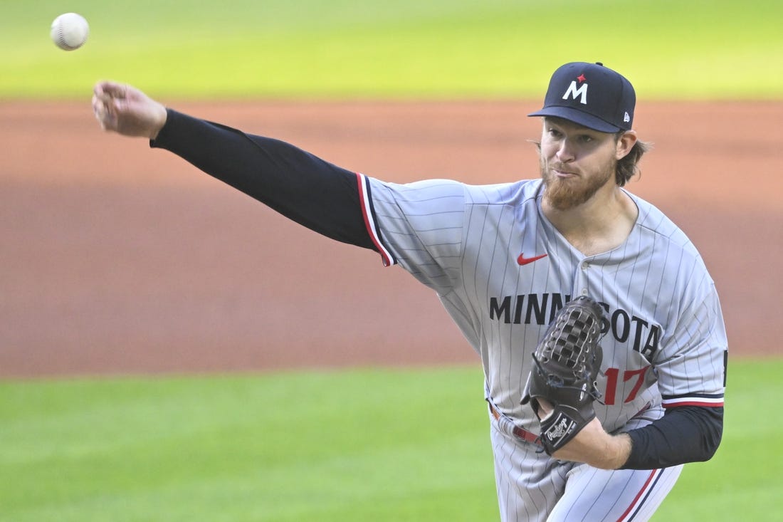 May 5, 2023; Cleveland, Ohio, USA; Minnesota Twins starting pitcher Bailey Ober (17) delivers a pitch in the first inning against the Cleveland Guardians at Progressive Field. Mandatory Credit: David Richard-USA TODAY Sports