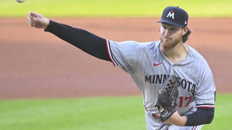 May 5, 2023; Cleveland, Ohio, USA; Minnesota Twins starting pitcher Bailey Ober (17) delivers a pitch in the first inning against the Cleveland Guardians at Progressive Field. Mandatory Credit: David Richard-USA TODAY Sports