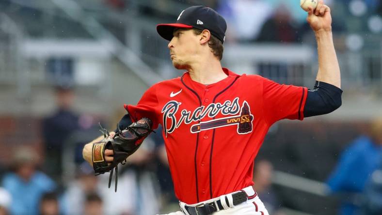 May 5, 2023; Atlanta, Georgia, USA; Atlanta Braves starting pitcher Max Fried (54) throws against the Baltimore Orioles in the first inning at Truist Park. Mandatory Credit: Brett Davis-USA TODAY Sports