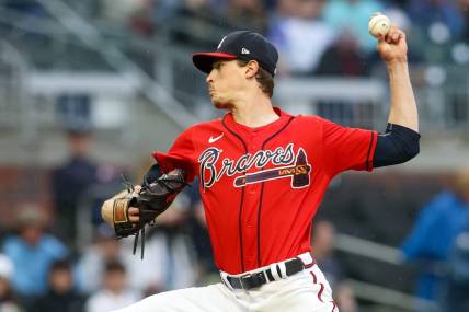 May 5, 2023; Atlanta, Georgia, USA; Atlanta Braves starting pitcher Max Fried (54) throws against the Baltimore Orioles in the first inning at Truist Park. Mandatory Credit: Brett Davis-USA TODAY Sports