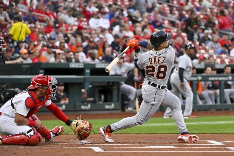 May 5, 2023; St. Louis, Missouri, USA;  Detroit Tigers shortstop Javier Baez (28) hits a two run home run against the St. Louis Cardinals during the first inning at Busch Stadium. Mandatory Credit: Jeff Curry-USA TODAY Sports