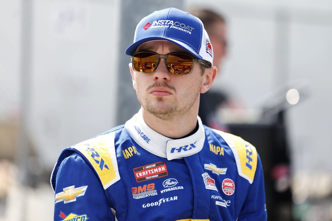 May 6, 2023; Kansas City, Kansas, USA; NASCAR Truck Series driver Christian Eckes (19) during Truck Series practice and qualifying at Kansas Speedway. Mandatory Credit: Mike Dinovo-USA TODAY Sports