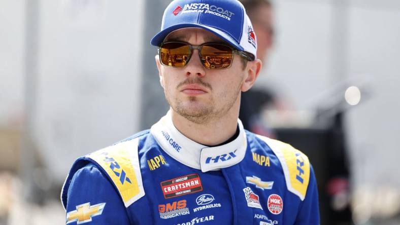 May 6, 2023; Kansas City, Kansas, USA; NASCAR Truck Series driver Christian Eckes (19) during Truck Series practice and qualifying at Kansas Speedway. Mandatory Credit: Mike Dinovo-USA TODAY Sports