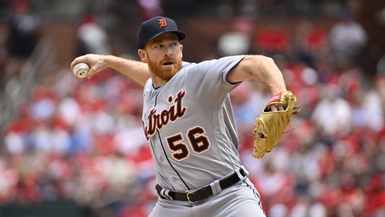 May 6, 2023; St. Louis, Missouri, USA;  Detroit Tigers starting pitcher Spencer Turnbull (56) pitches against the St. Louis Cardinals during the first inning at Busch Stadium. Mandatory Credit: Jeff Curry-USA TODAY Sports